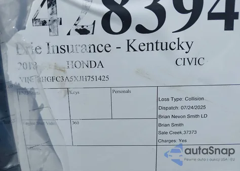 2018 Honda Civic Si z USA, uszkodzony, nr VIN 2HGFC3A5XJH751425